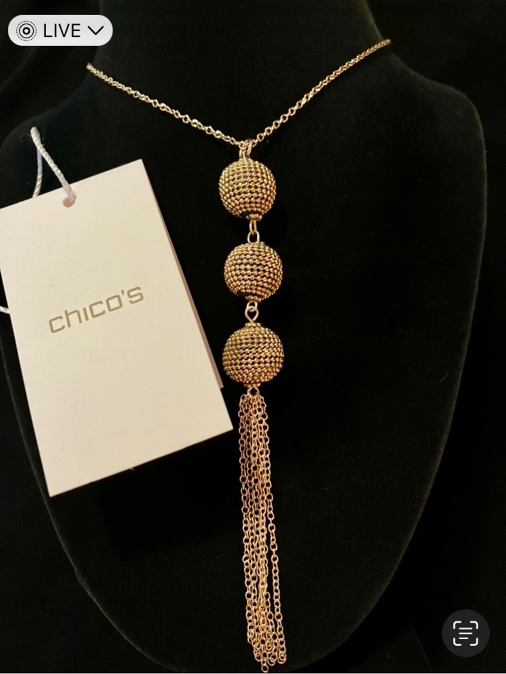 New Chico's Gold Triple Orb Tassel Pendant Necklace